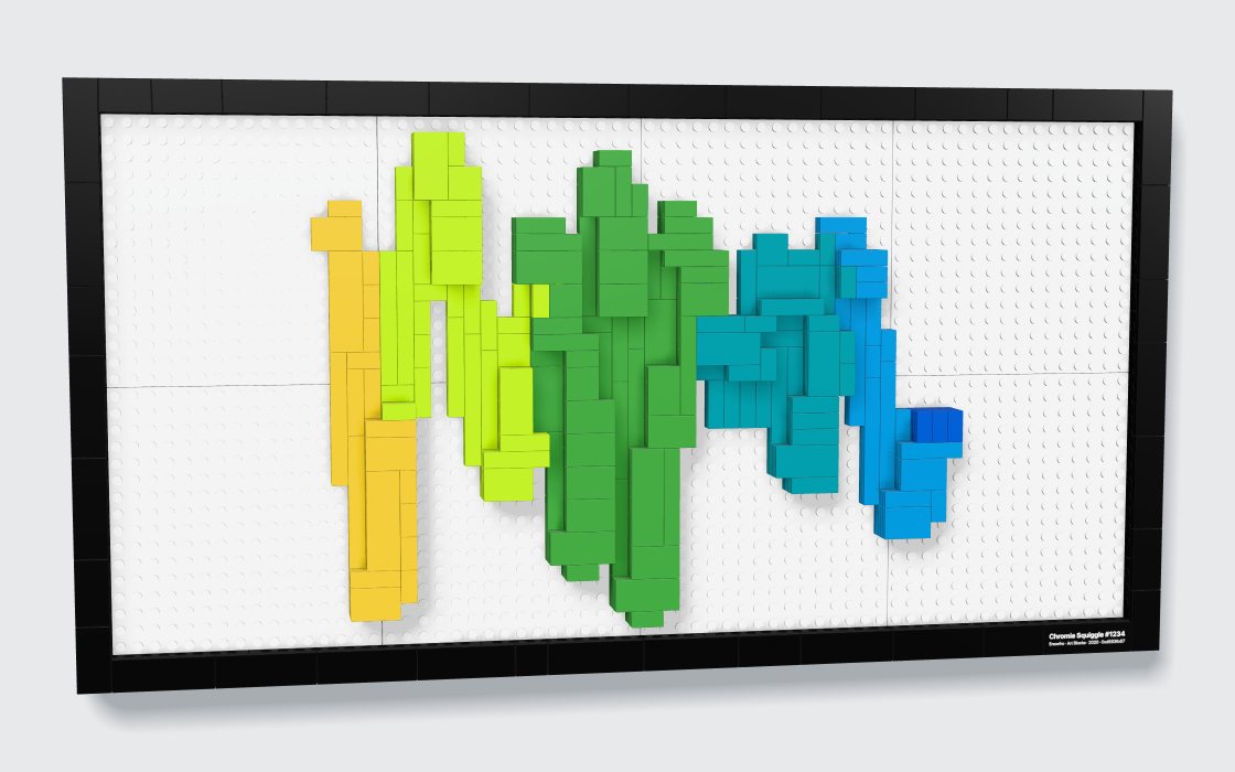 Chromie Squiggle #1234 in bricks: a relief in a black frame, hung on a wall
